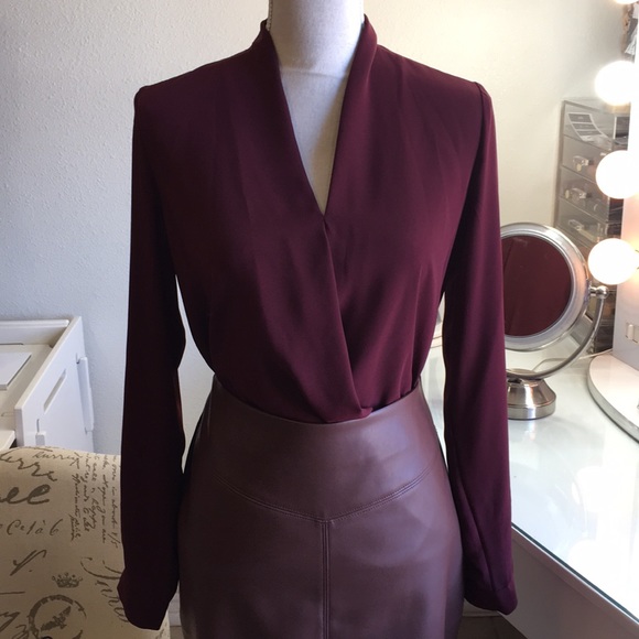 Burgundy V Neck long sleeve sheer blouse - Picture 6 of 8